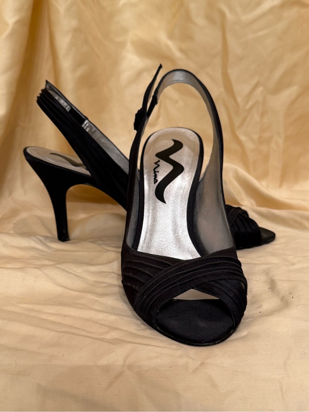 Nina Black Open-Toe Slingback Heels